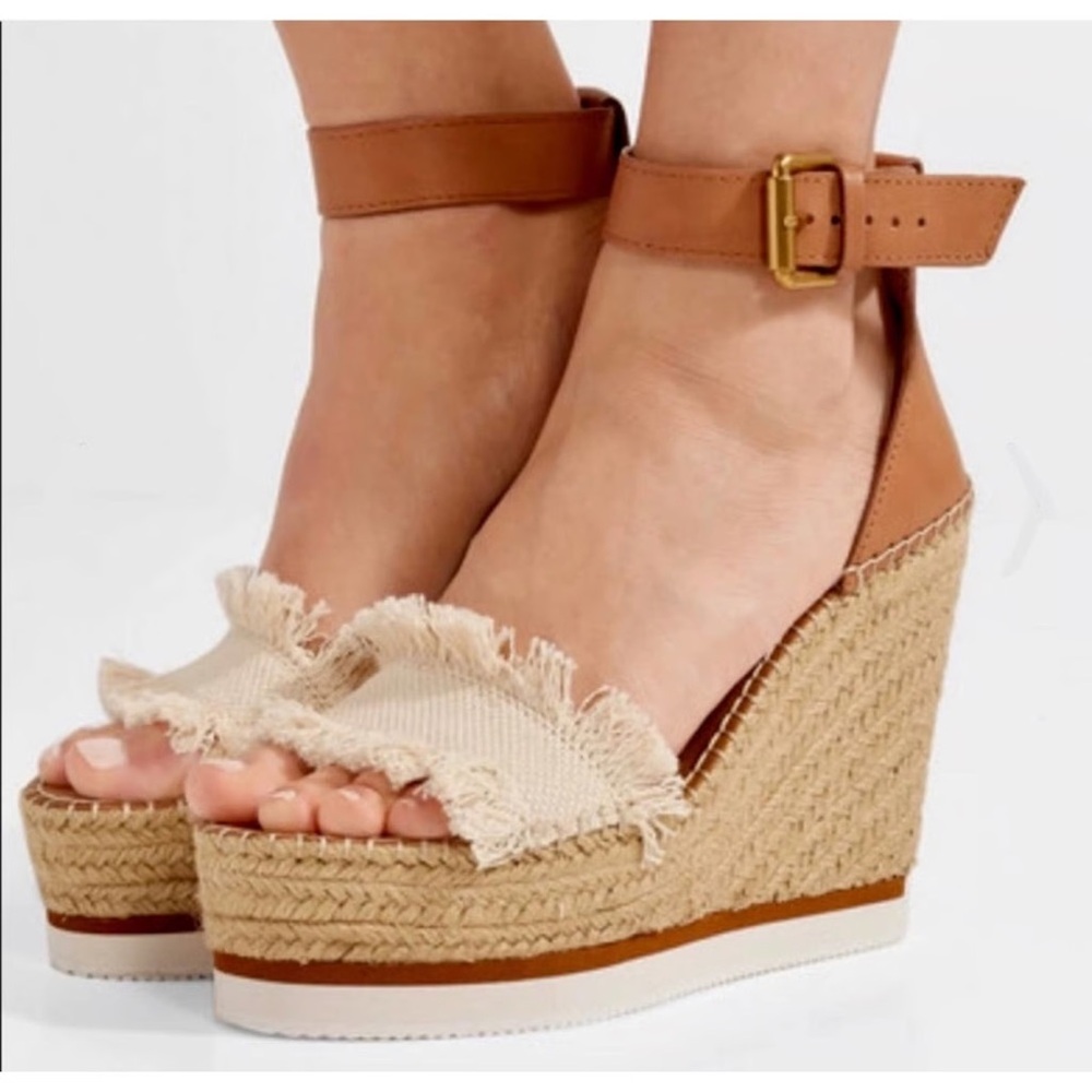 See by Chloé Glyn Tan Leather Espadrille Platform Wedge Sandals Fringe 37
